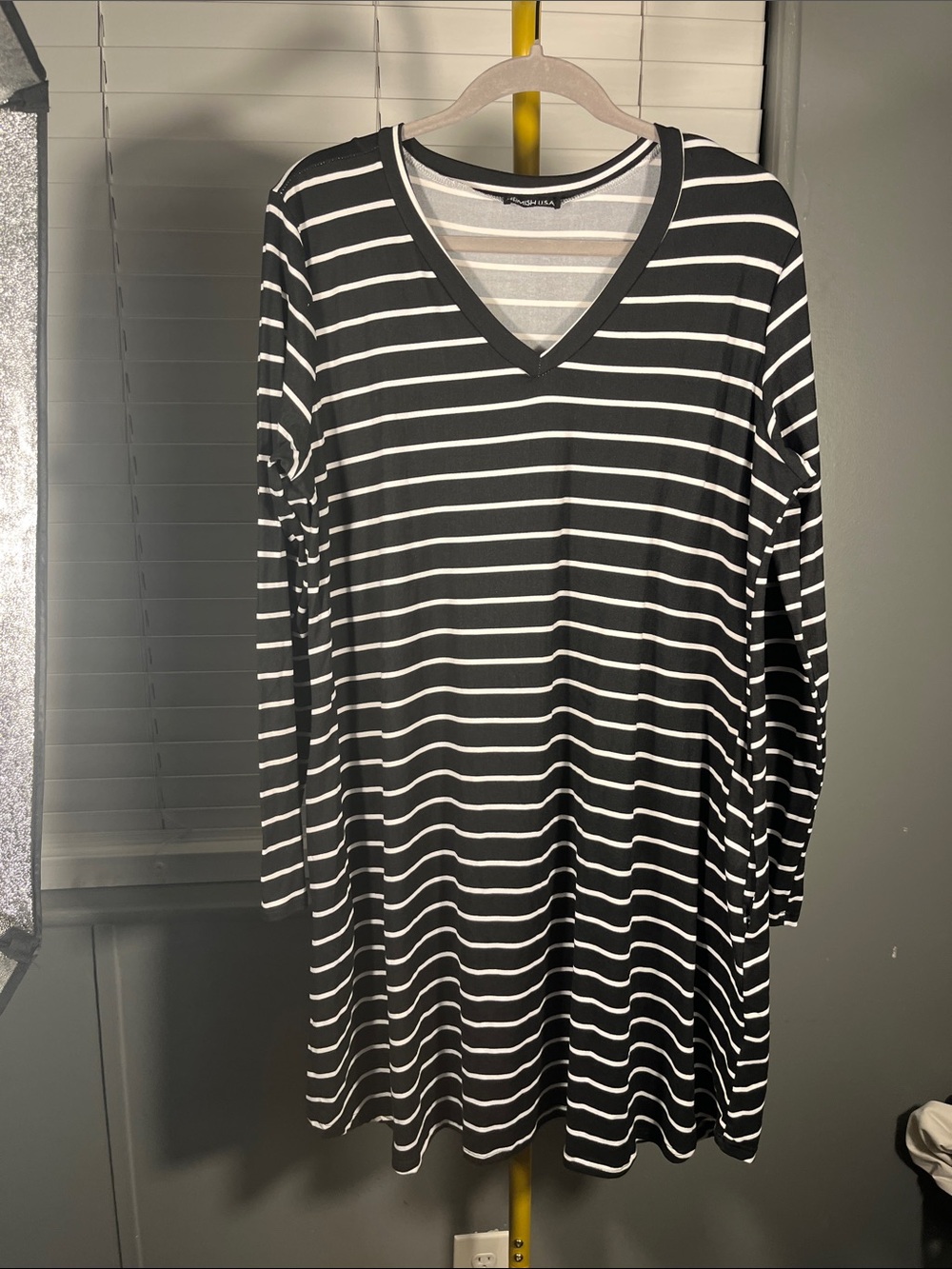 HEIMISH USA Black and White Striped V-Neck Long Sleeve Dress